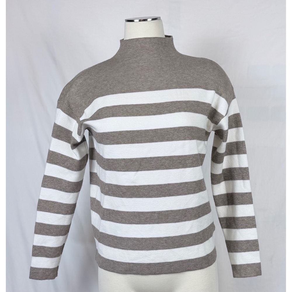 Taupe White Striped Mock Neck Sweater M/L Long Sleeve Cozy Warm Minimalist Soft